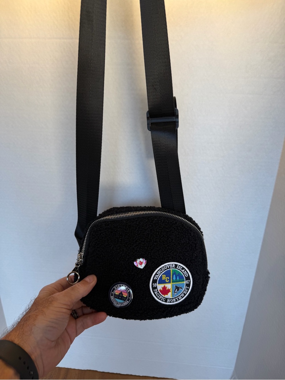 Black Sherpa Crossbody Bag with Patch Details